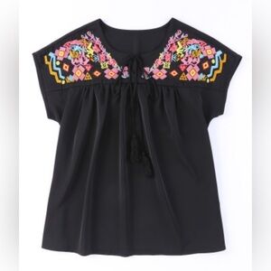 Black Boho Geometric Aztec Embroidered Short Sleeve Blouse with Tassels NEW
